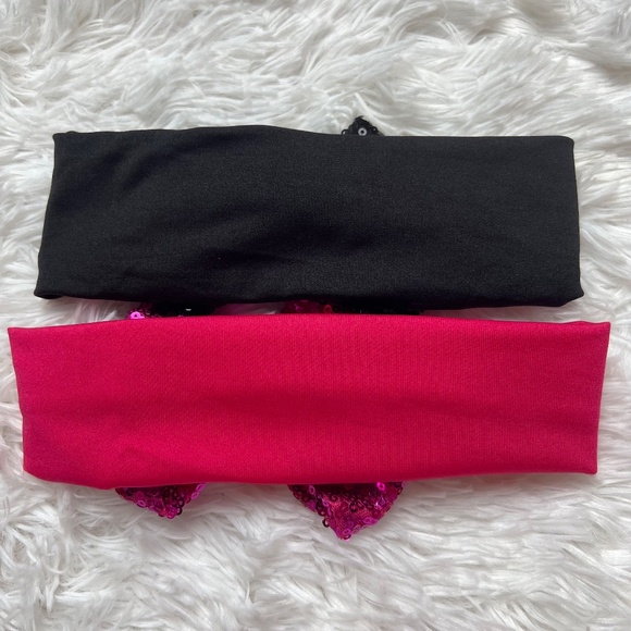 New Girl's Baby/Toddler Bow Sequin Stretch Headband Pink and Black Set - Picture 3 of 3